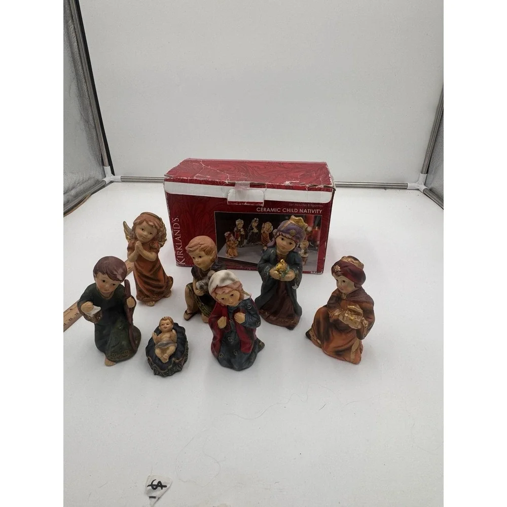 Vtg Nativity Child Set Kirklands Ceramic Glazed 7 Pieces Wiseman Is Missing 5.5
